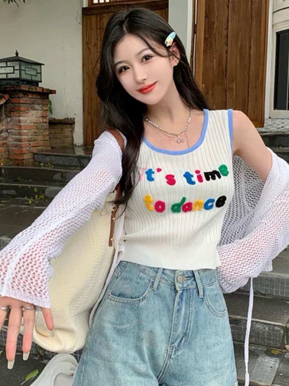Women's White Ribbed Tank Top with Colorful Lettering - Picture 2 of 4